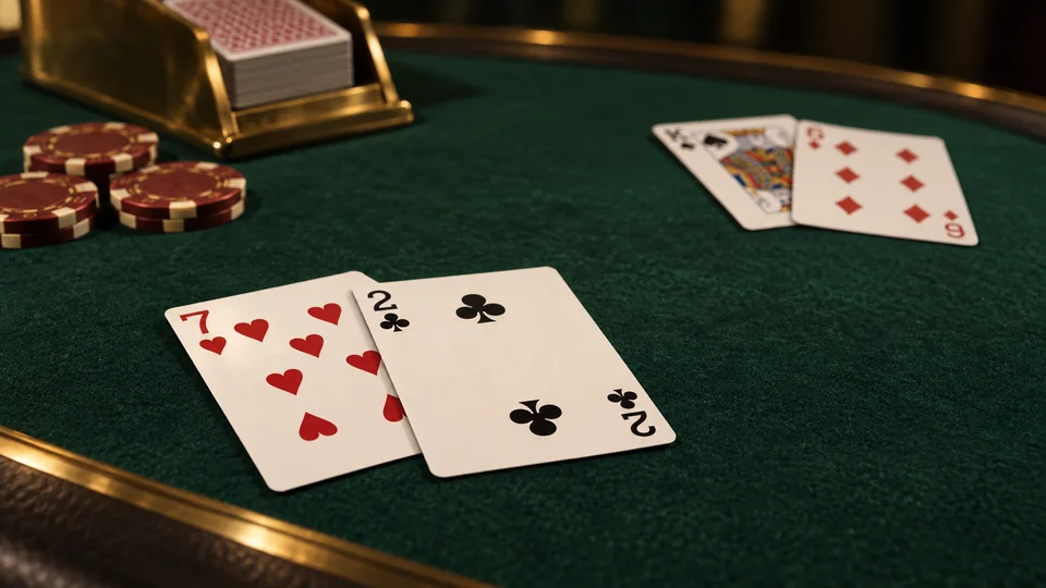 Two baccarat hands and casino chips on emerald felt beside a brass card shoe