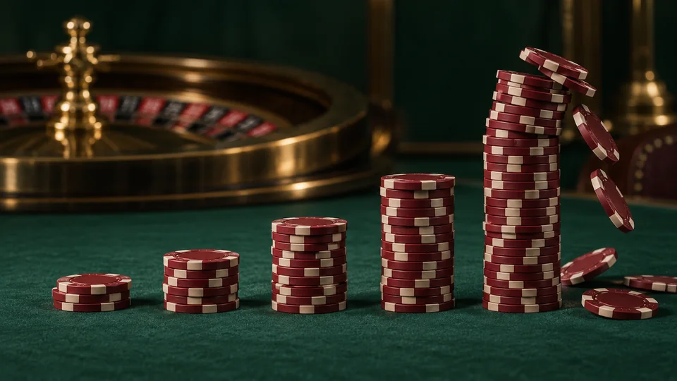 Increasing stacks of casino chips with the tallest stack toppling