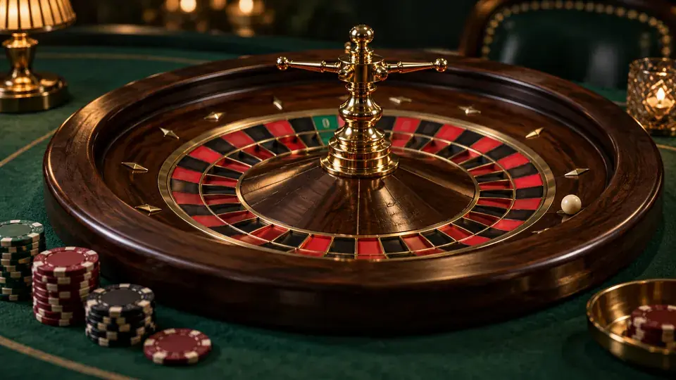 Polished roulette wheel with an ivory ball and casino chips