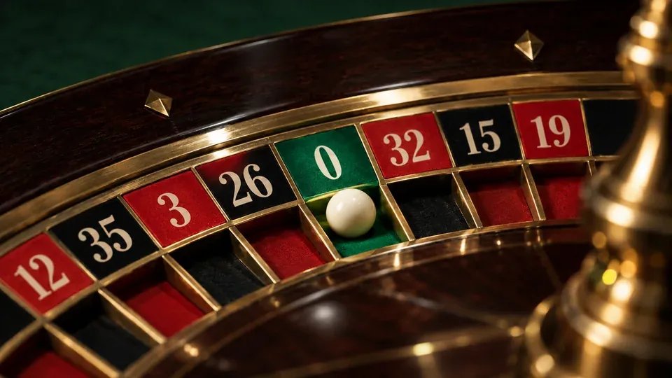 Roulette ball in the green zero pocket beside red and black pockets