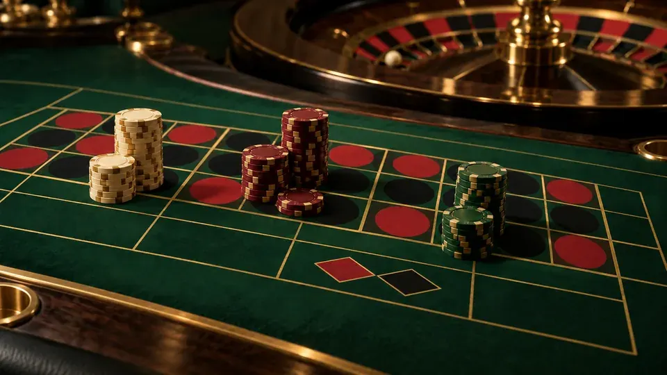 Different chip stacks arranged on a roulette betting layout